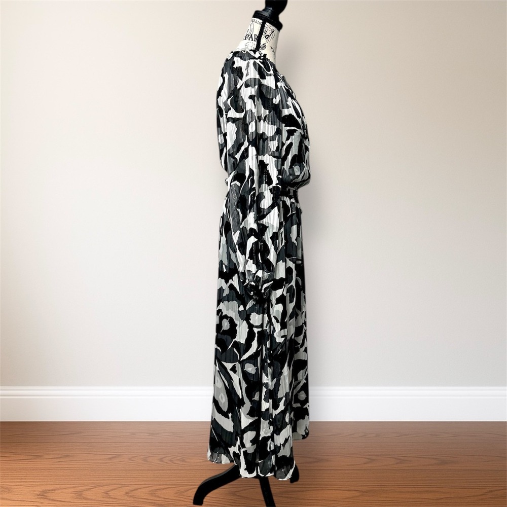 WHBM Black White Chiffon Midi Dress Belted Sheer‎ Sleeve Spring Wedding Guest - Picture 3 of 9